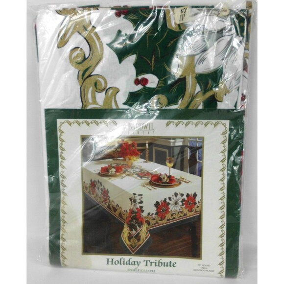 Vintage Bardwil Linens Christmas Tablecloth 70” Round Poinsettia Classic Holiday - Picture 1 of 5